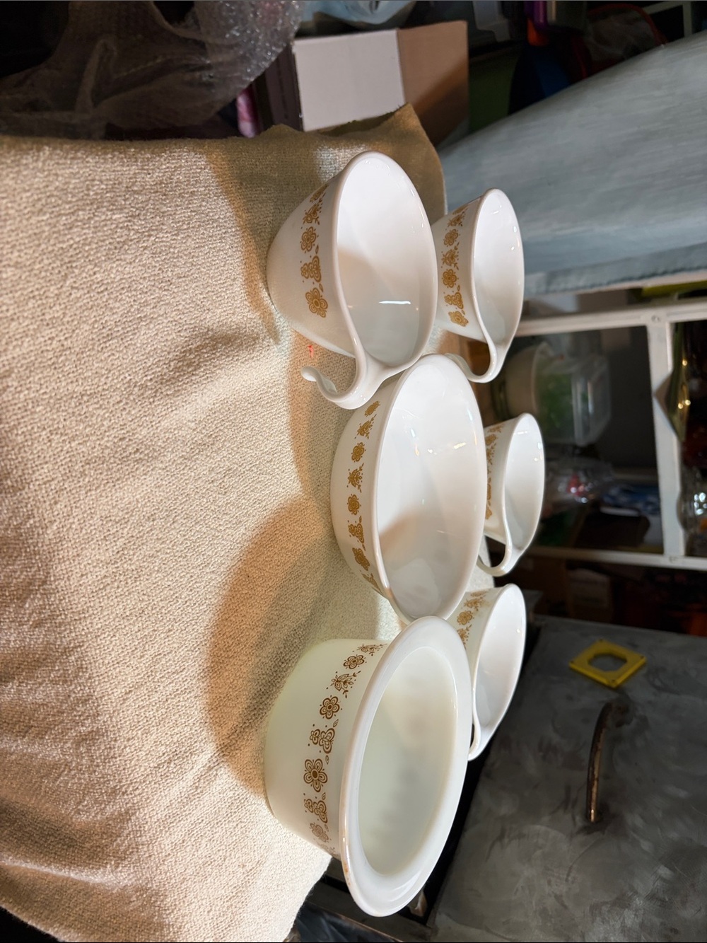 Vintage Corelle Butterfly Gold 6pc Set Hook Handle Cups Bowls and Butter Dish